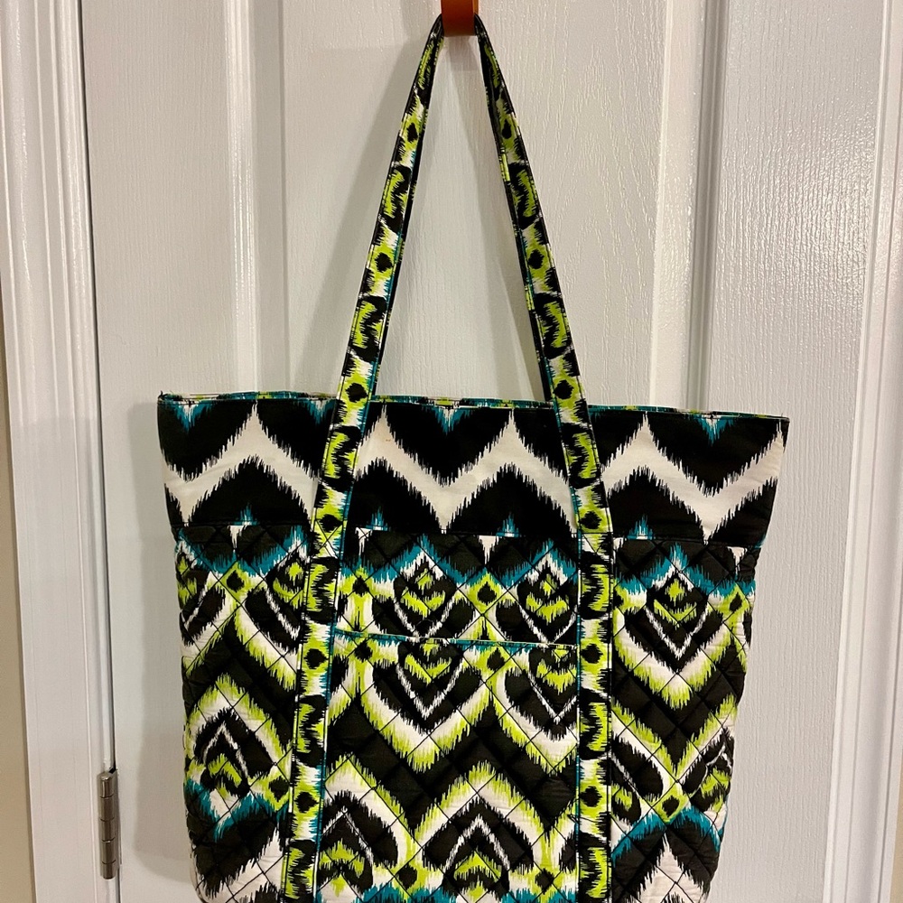 Danielle Morgan Vibrant Patterned quilted Tote Bag in Black, Green, and Blue